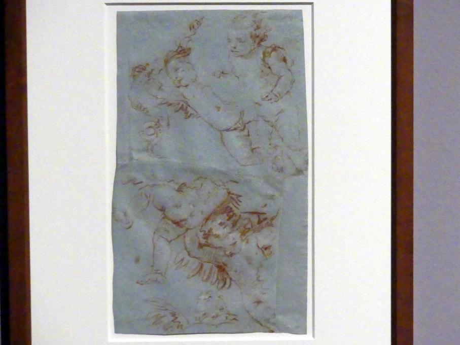 Giovanni Battista Tiepolo (1715–1785), Gruppe von drei fliegenden Putti, Stuttgart, Staatsgalerie, Ausstellung "Tiepolo"  vom 11.10.2019 - 02.02.2020, Saal 9: Weitere Arbeiten in Würzburg, 1750–1753, Bild 1/3