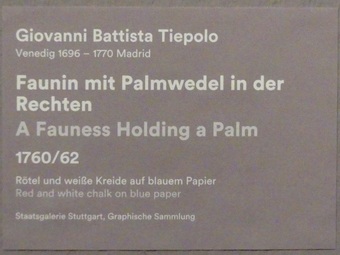 Giovanni Battista Tiepolo (1715–1785), Faunin mit Palmwedel in der Rechten, Stuttgart, Staatsgalerie, Ausstellung "Tiepolo"  vom 11.10.2019 - 02.02.2020, Saal 10: Späte Werke, 1760–1762, Bild 3/3
