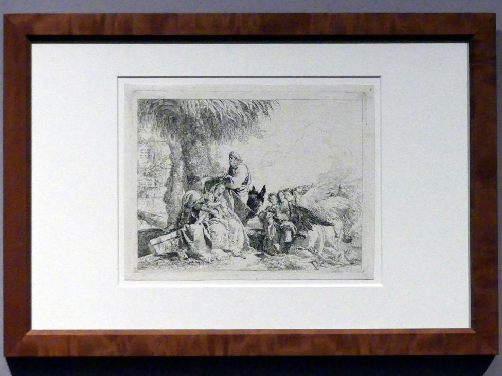 Giovanni Domenico Tiepolo (1743–1785), Rast unter der Palme mit anbetenden Engeln, Stuttgart, Staatsgalerie, Ausstellung "Tiepolo"  vom 11.10.2019 - 02.02.2020, Saal 10: Späte Werke, 1753, Bild 2/3