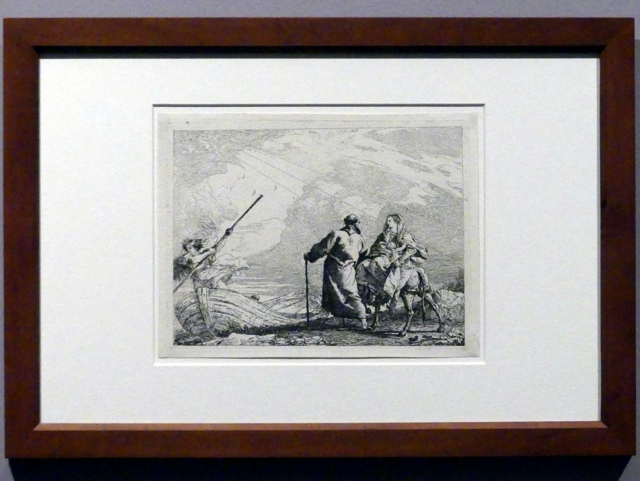Giovanni Domenico Tiepolo (1743–1785), Die Überfahrt - Die Heilige Familie am Ufer des Flusses, Stuttgart, Staatsgalerie, Ausstellung "Tiepolo"  vom 11.10.2019 - 02.02.2020, Saal 10: Späte Werke, 1753, Bild 2/3