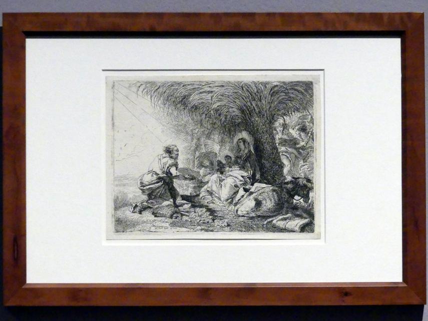 Giovanni Domenico Tiepolo (1743–1785), Rast mit musizierenden Engeln - Joseph betet das Kind an, Stuttgart, Staatsgalerie, Ausstellung "Tiepolo"  vom 11.10.2019 - 02.02.2020, Saal 10: Späte Werke, 1753, Bild 2/3