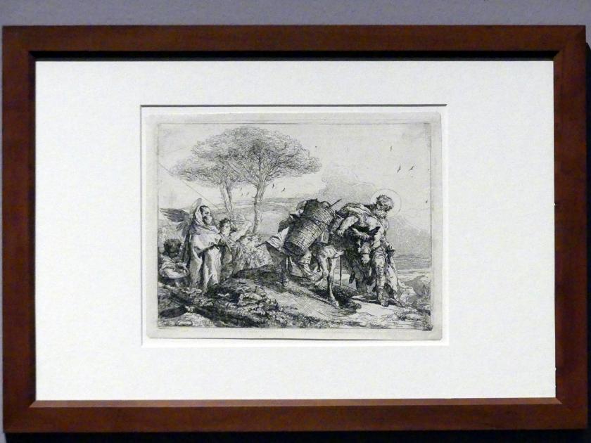 Giovanni Domenico Tiepolo (1743–1785), Maria von Engeln geleitet, Joseph führt den Esel, Stuttgart, Staatsgalerie, Ausstellung "Tiepolo"  vom 11.10.2019 - 02.02.2020, Saal 10: Späte Werke, 1753, Bild 2/2