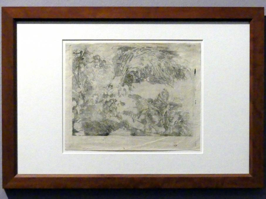 Giovanni Domenico Tiepolo (1743–1785), Die Heilige Familie auf einer Anhöhe über einer Stadt, in stürmischer Landschaft (Fehlätzung), Stuttgart, Staatsgalerie, Ausstellung "Tiepolo"  vom 11.10.2019 - 02.02.2020, Saal 10: Späte Werke, 1753, Bild 2/3