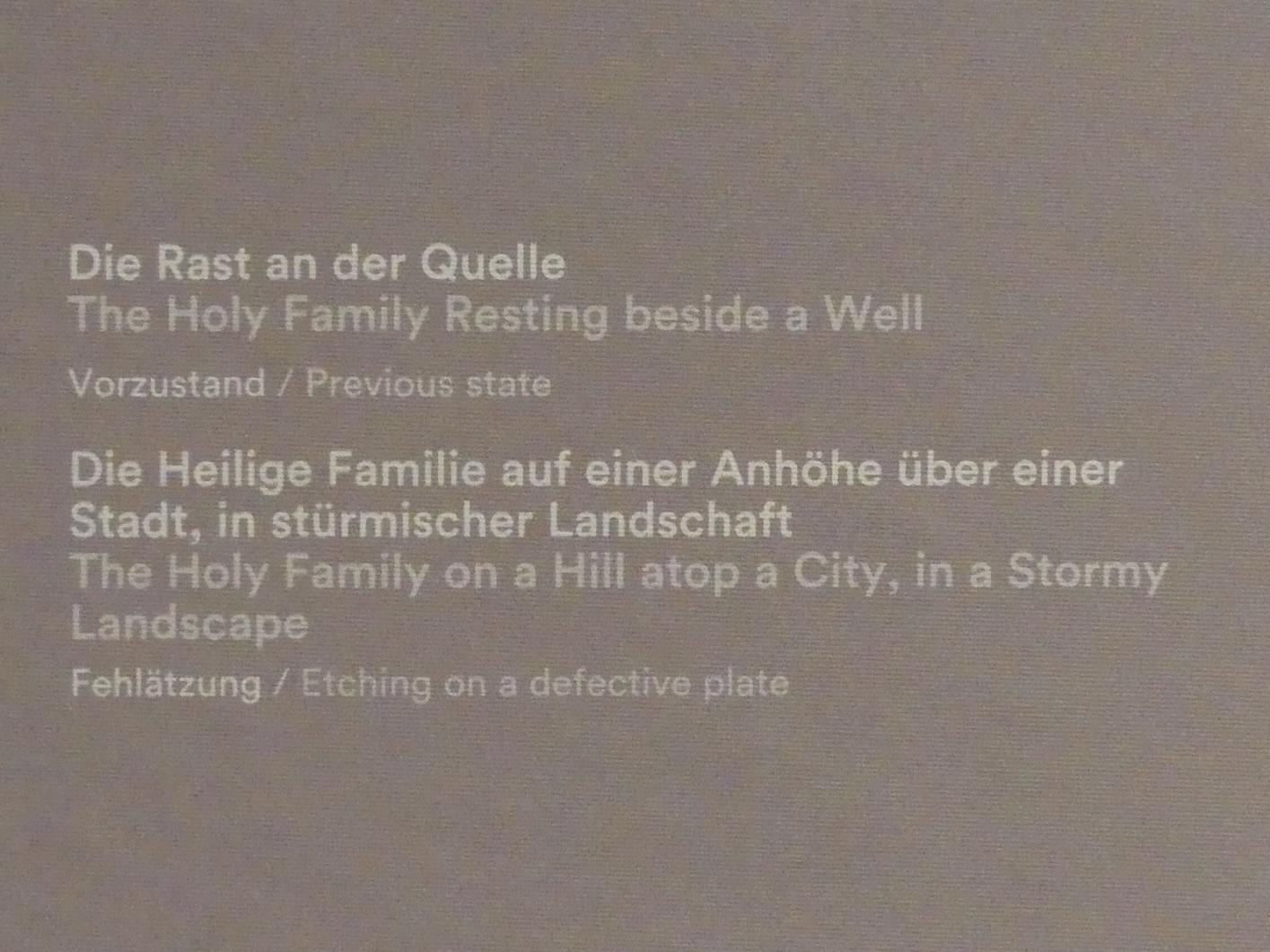 Giovanni Domenico Tiepolo (1743–1785), Die Heilige Familie auf einer Anhöhe über einer Stadt, in stürmischer Landschaft (Fehlätzung), Stuttgart, Staatsgalerie, Ausstellung "Tiepolo"  vom 11.10.2019 - 02.02.2020, Saal 10: Späte Werke, 1753, Bild 3/3