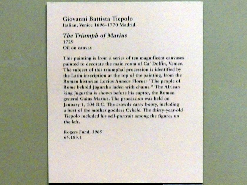 Giovanni Battista Tiepolo (1715–1785), Der Triumph von Marius, Venedig, Palazzo Secco Dolfin, jetzt New York, Metropolitan Museum of Art (Met), Saal 600, 1729, Bild 2/2