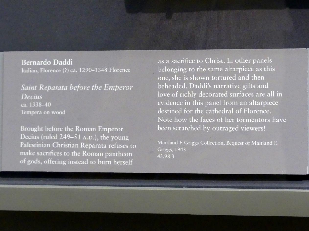 Bernardo Daddi (1332–1342), Heilige Reparata vor Kaiser Decius, Florenz, Dom Santa Maria del Fiore, jetzt New York, Metropolitan Museum of Art (Met), Saal 644, um 1338–1340, Bild 2/2