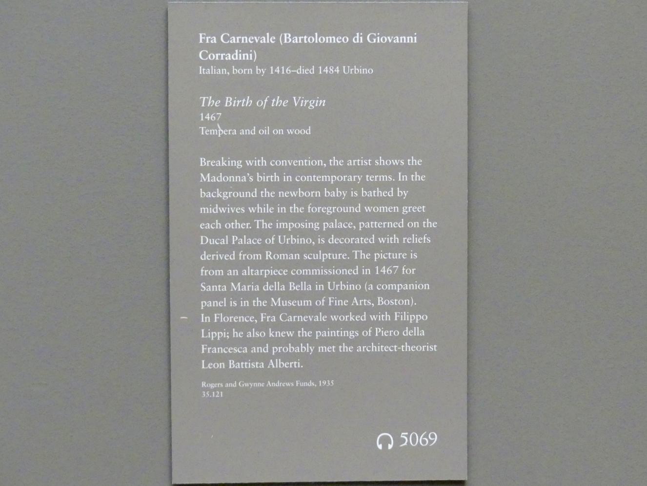 Fra Carnevale (Bartolomeo di Giovanni Corradini) (1445–1467), Mariä Geburt, Urbino, Santa Maria della Bella, jetzt New York, Metropolitan Museum of Art (Met), Saal 644, 1467, Bild 2/2