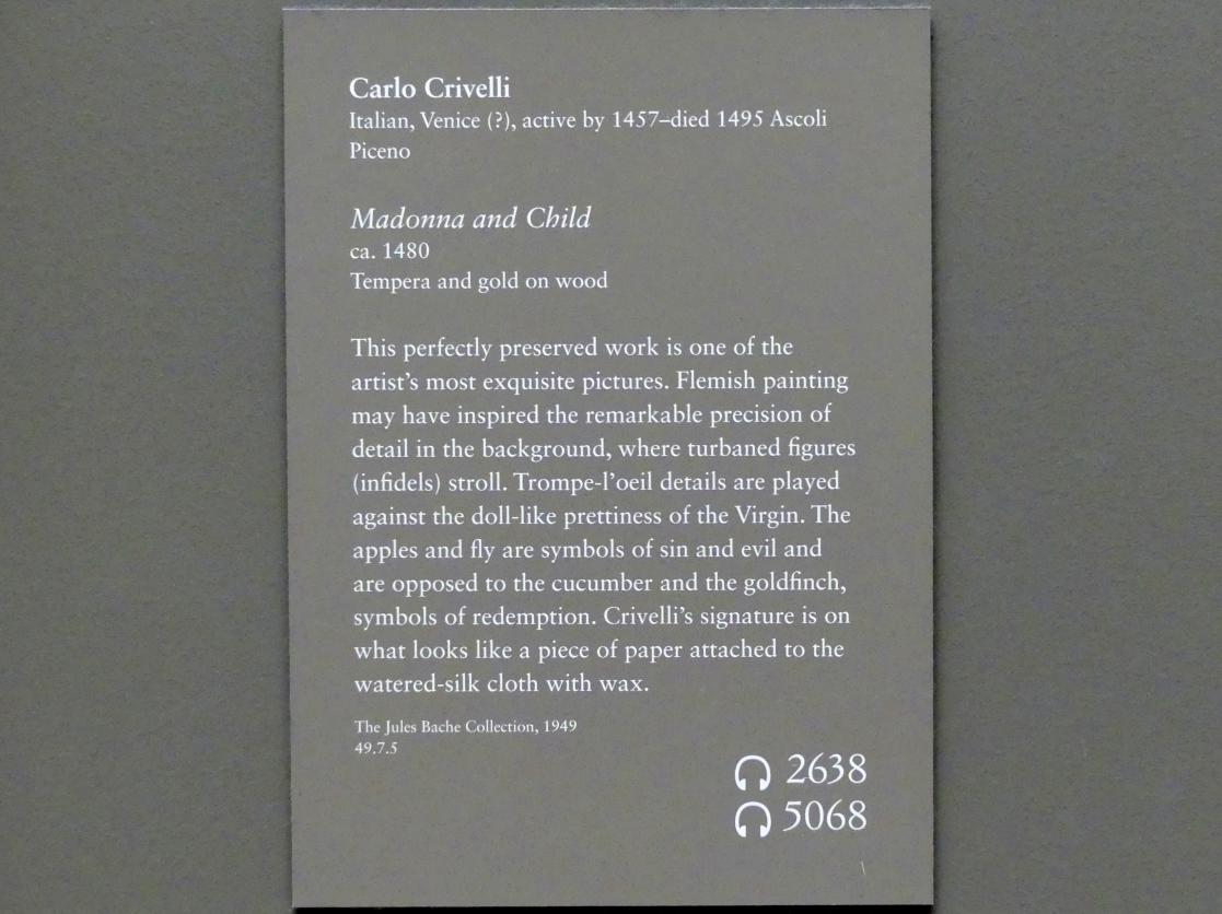 Carlo Crivelli (1472–1492), Maria mit Kind, New York, Metropolitan Museum of Art (Met), Saal 644, um 1480, Bild 2/2