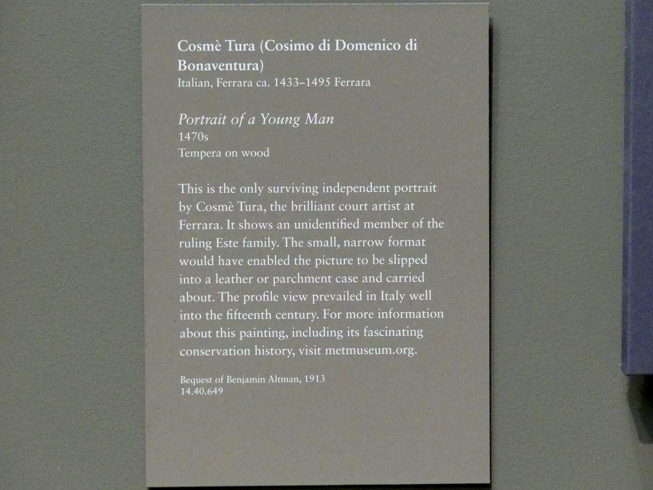 Cosmè (Cosimo) Tura (1457–1486), Bildnis eines jungen Mannes, New York, Metropolitan Museum of Art (Met), Saal 641, um 1470–1480, Bild 2/2