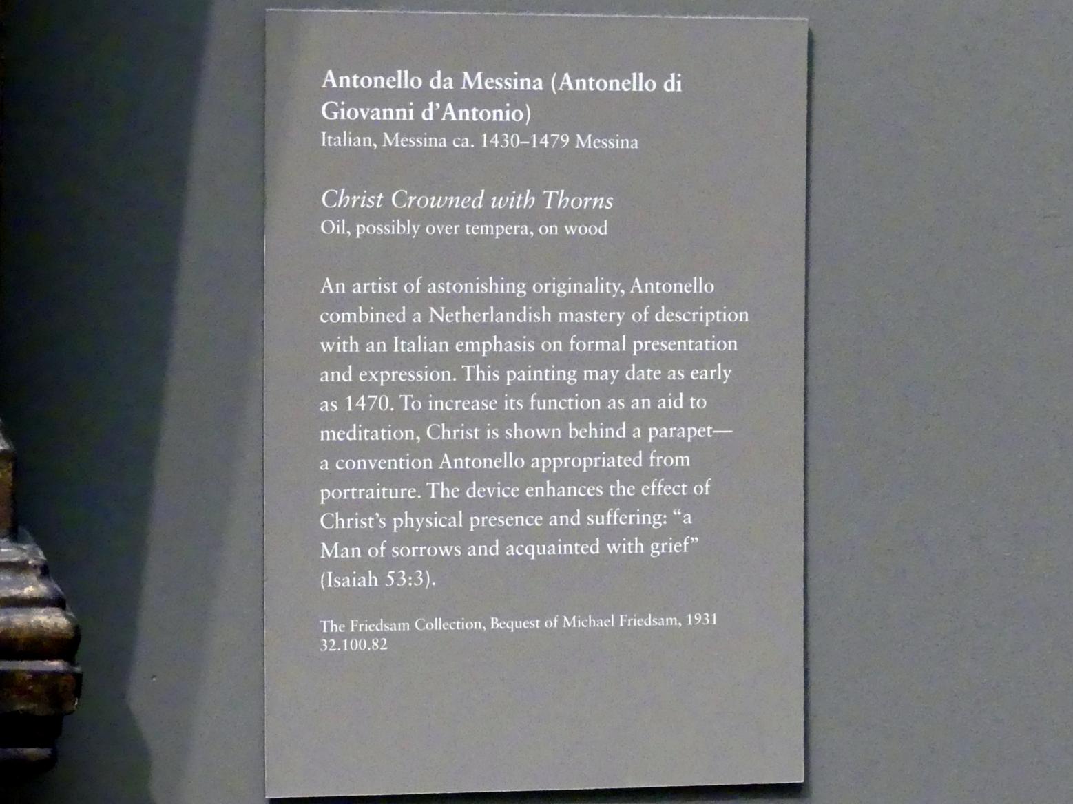 Antonello da Messina (1464–1478), Christus mit der Dornenkrone, New York, Metropolitan Museum of Art (Met), Saal 641, um 1470, Bild 2/2