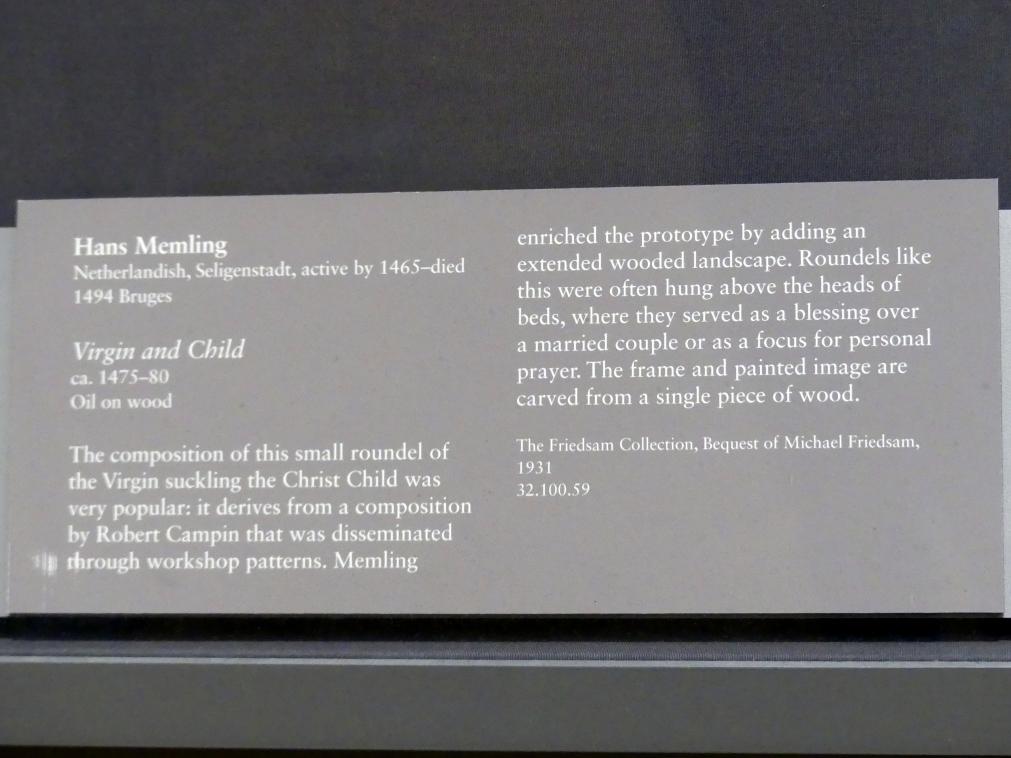 Hans Memling (1467–1491), Maria mit Kind, New York, Metropolitan Museum of Art (Met), Saal 641, um 1475–1480, Bild 2/2