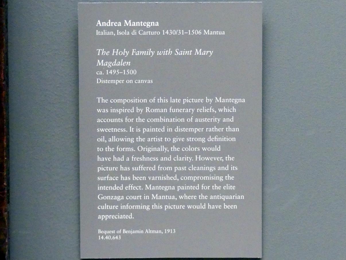 Andrea Mantegna (1451–1505), Heilige Familie mit der heiligen Maria Magdalena, New York, Metropolitan Museum of Art (Met), Saal 640, um 1495–1500, Bild 2/2