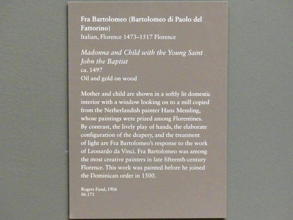 Fra Bartolomeo (Baccio della Porta) (1495–1516), Maria mit Kind und dem Johannesknaben, New York, Metropolitan Museum of Art (Met), Saal 640, um 1497, Bild 2/2