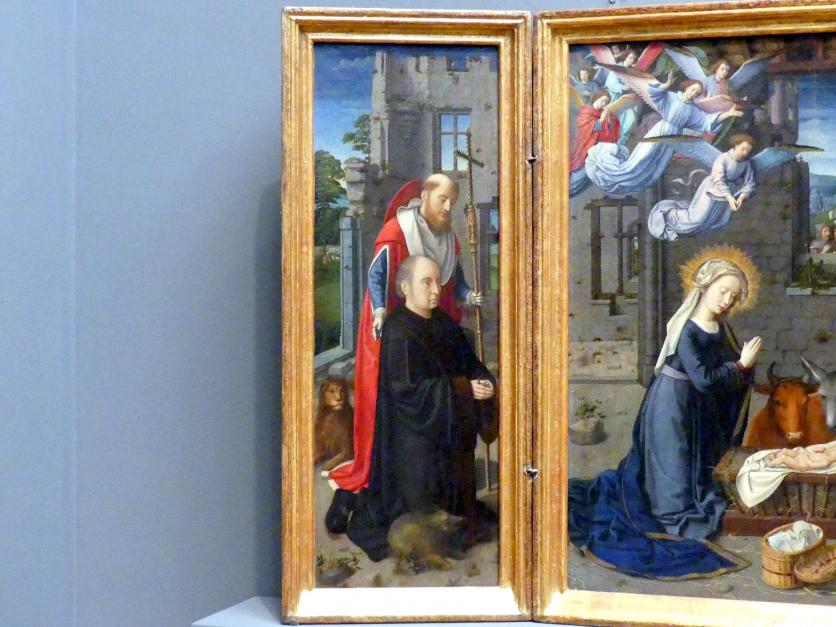 Gerard David (1475–1519), Christi Geburt mit Stiftern und den heiligen Hieronymus und Leonhard, New York, Metropolitan Museum of Art (Met), Saal 640, um 1510–1515, Bild 2/4