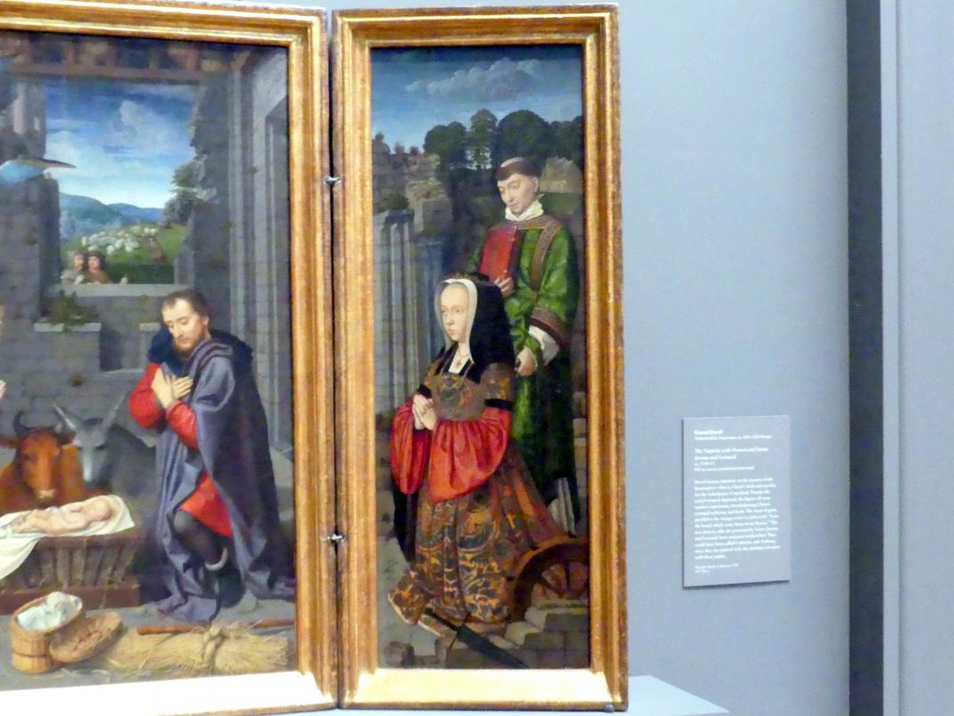 Gerard David (1475–1519), Christi Geburt mit Stiftern und den heiligen Hieronymus und Leonhard, New York, Metropolitan Museum of Art (Met), Saal 640, um 1510–1515, Bild 3/4