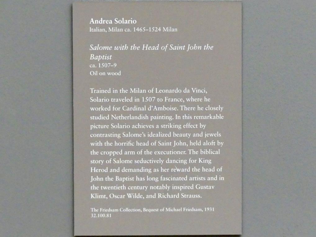 Andrea Solari (1495–1522), Salome mit dem Haupt Johannes des Täufers, New York, Metropolitan Museum of Art (Met), Saal 639, um 1507–1509, Bild 2/2