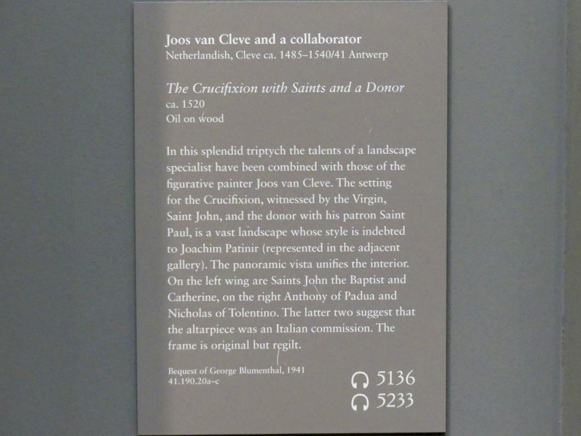 Joos van Cleve (Joos van der Beke) (1507–1538), Gekreuzigter Christus mit Heiligen und einem Stifter, New York, Metropolitan Museum of Art (Met), Saal 639, um 1520, Bild 4/4