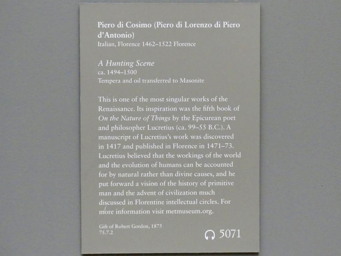 Piero di Cosimo (1481–1512), Jagdszene, New York, Metropolitan Museum of Art (Met), Saal 642, um 1494–1500, Bild 2/2