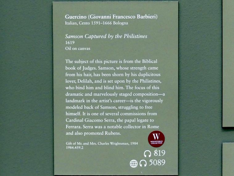 Giovanni Francesco Barbieri (Il Guercino) (1612–1659), Gefangennahme Simsons durch die Philister, New York, Metropolitan Museum of Art (Met), Saal 637, 1619, Bild 2/2