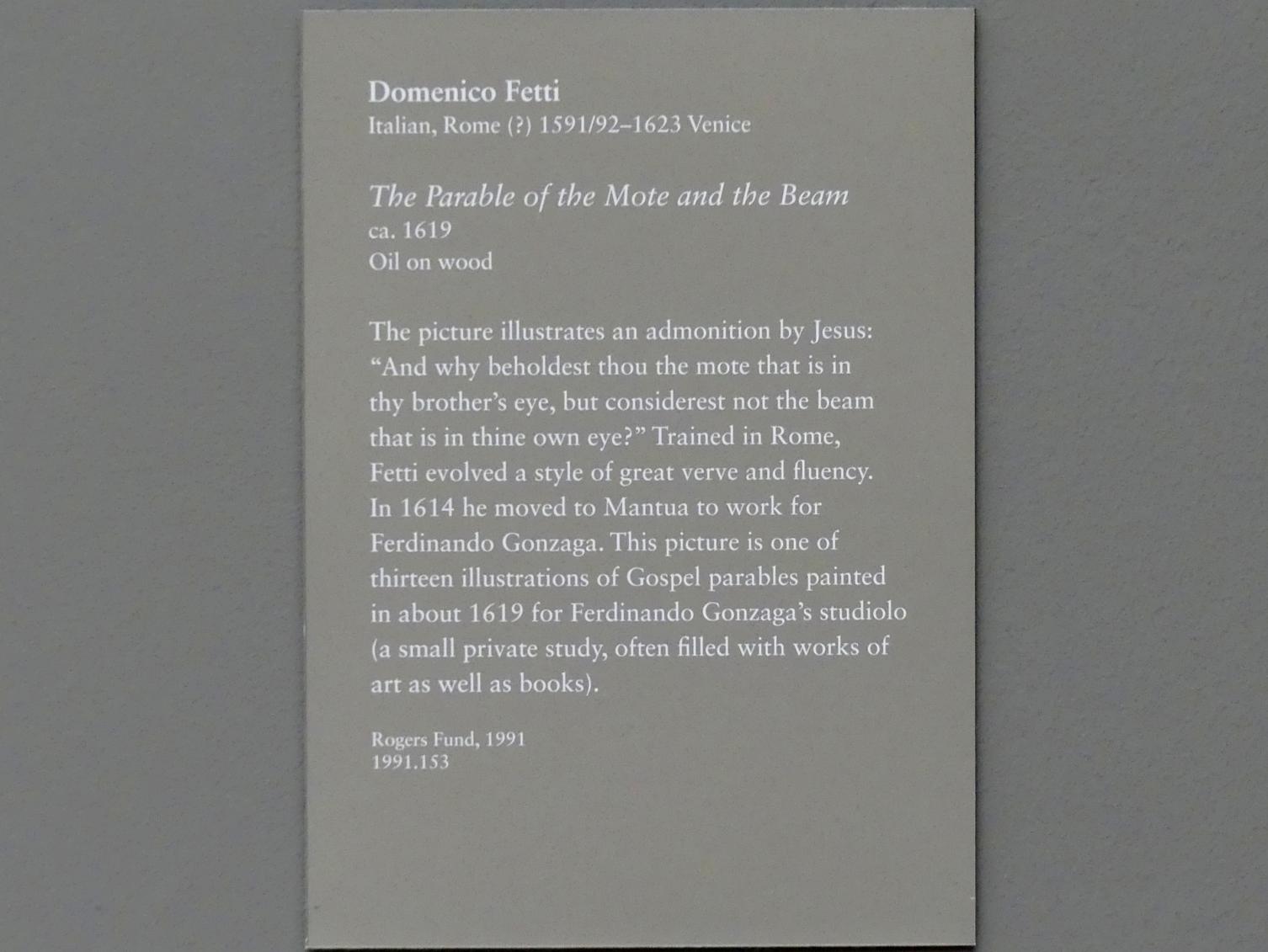 Domenico Fetti (1613–1622), Gleichnis vom Splitter und vom Balken, New York, Metropolitan Museum of Art (Met), Saal 637, um 1619, Bild 2/2