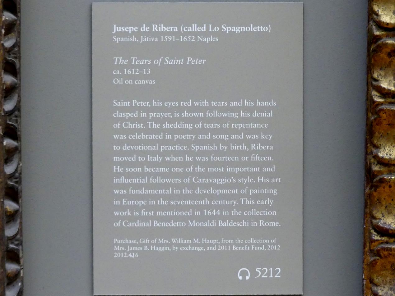Jusepe de Ribera (1607–1650), Die Tränen des heiligen Petrus, New York, Metropolitan Museum of Art (Met), Saal 637, um 1612–1613, Bild 2/2