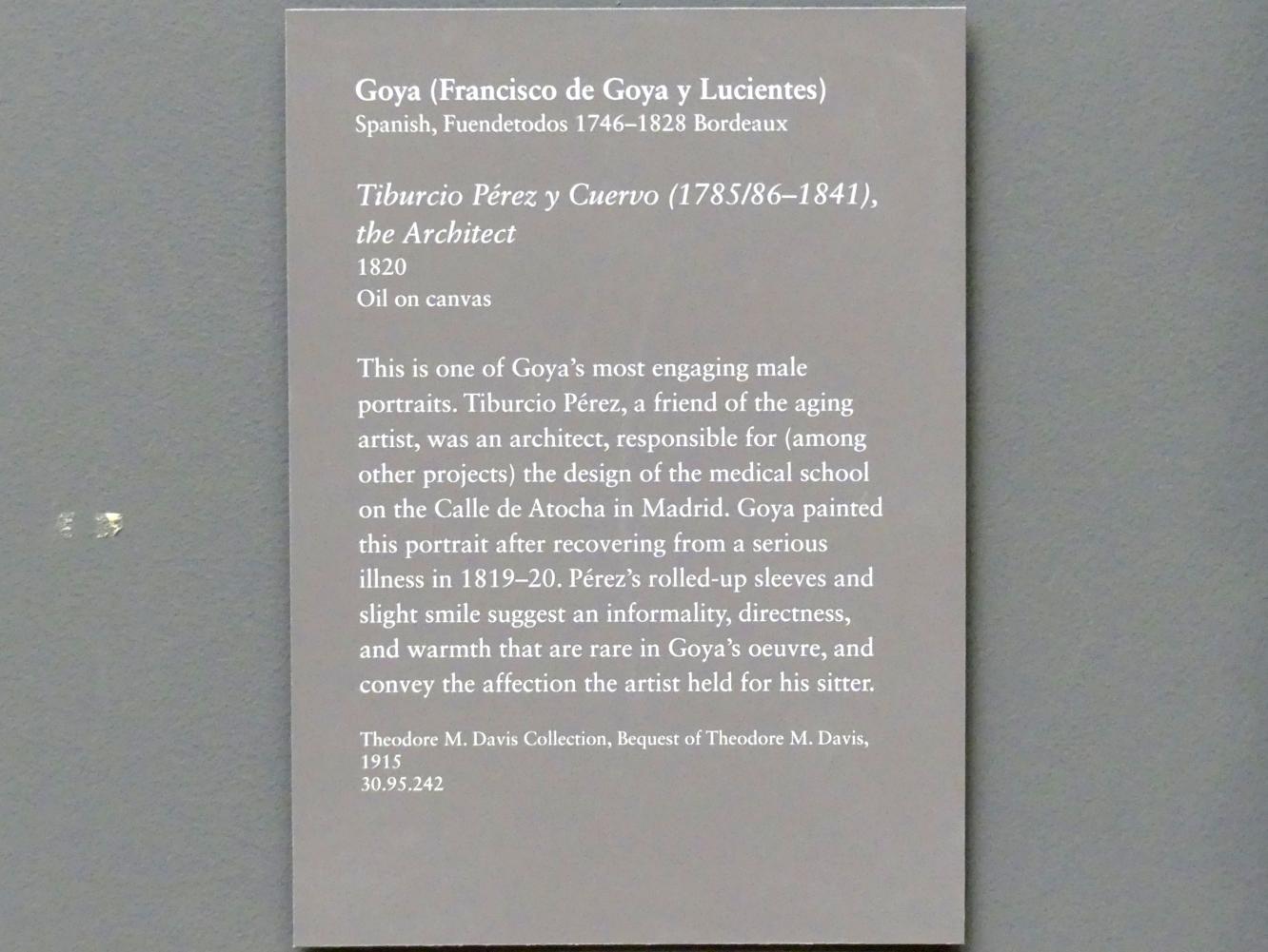 Francisco de Goya (Francisco José de Goya y Lucientes) (1779–1820), Tiburcio Pérez Cuervo (1785/86-1841), Architekt, New York, Metropolitan Museum of Art (Met), Saal 633, 1820, Bild 2/2
