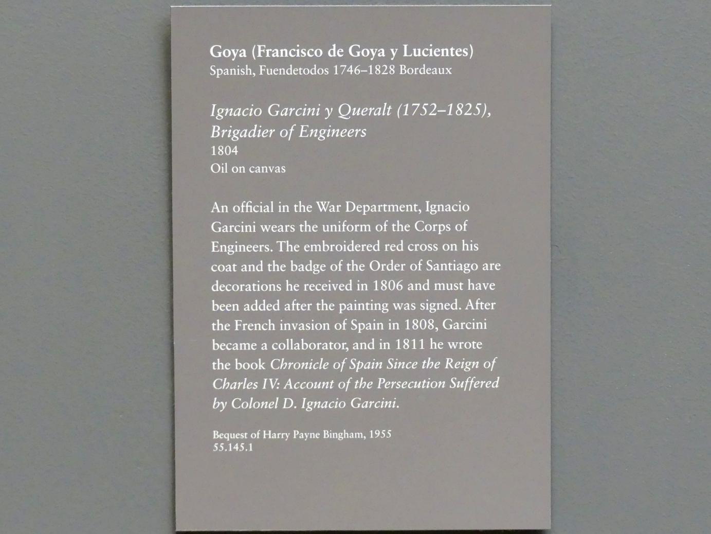 Francisco de Goya (Francisco José de Goya y Lucientes) (1779–1820), Ignacio Garcini y Queralt (1752-1825), Brigadier der Ingenieure, New York, Metropolitan Museum of Art (Met), Saal 633, 1804, Bild 2/2