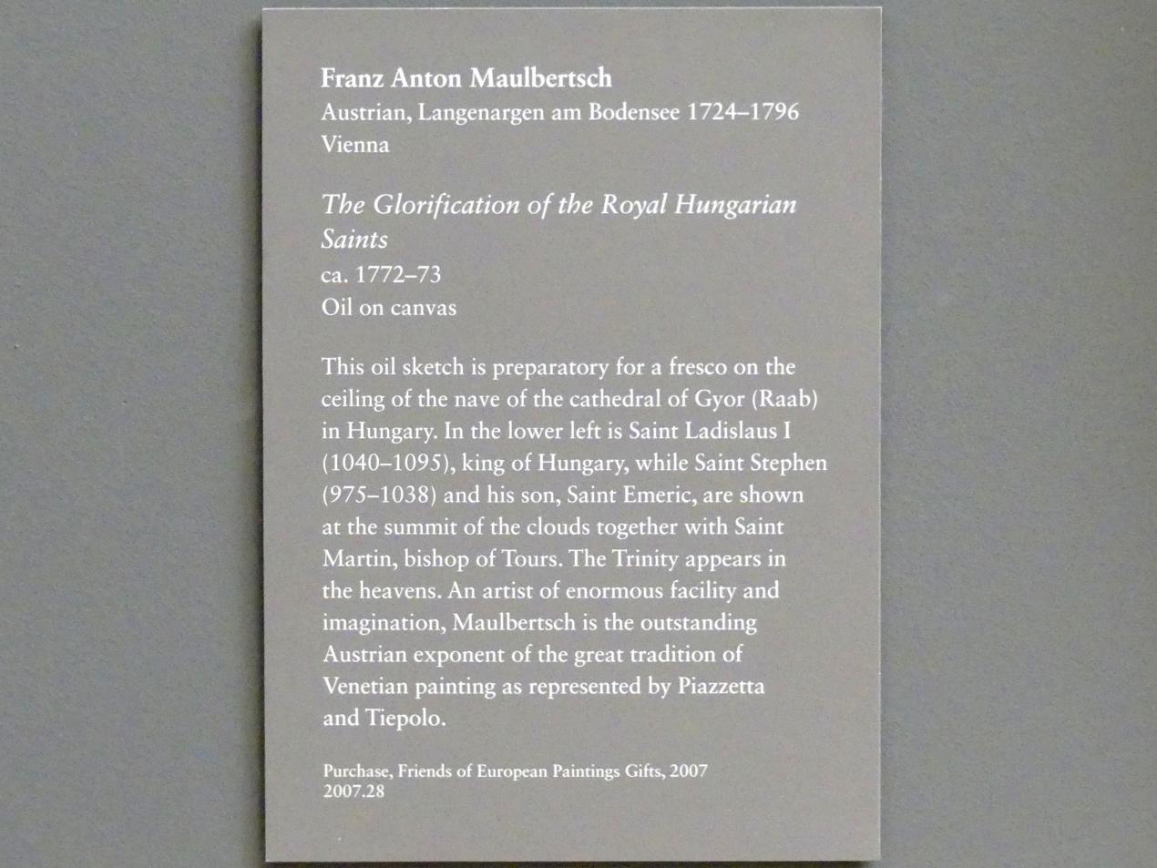 Franz Anton Maulbertsch (1749–1794), Die Verherrlichung der königlichen ungarischen Heiligen, New York, Metropolitan Museum of Art (Met), Saal 633, um 1772–1773, Bild 2/2