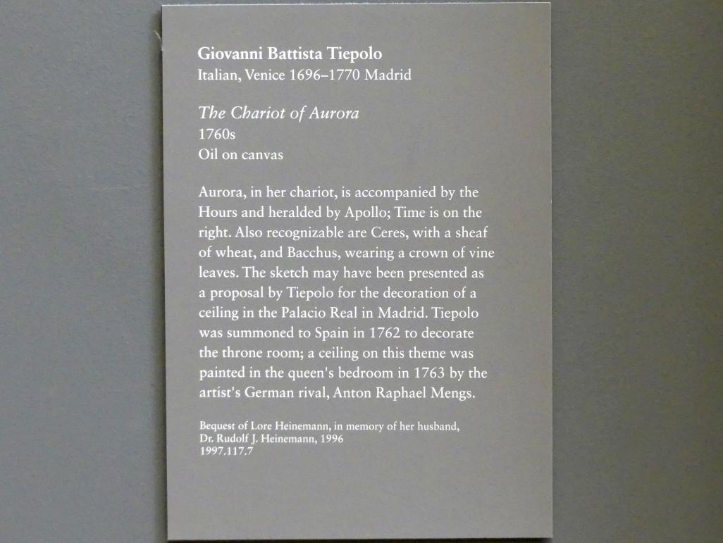 Giovanni Battista Tiepolo (1715–1785), Der Streitwagen der Aurora, Madrid, Palacio Real, jetzt New York, Metropolitan Museum of Art (Met), Saal 633, um 1760–1770, Bild 2/2