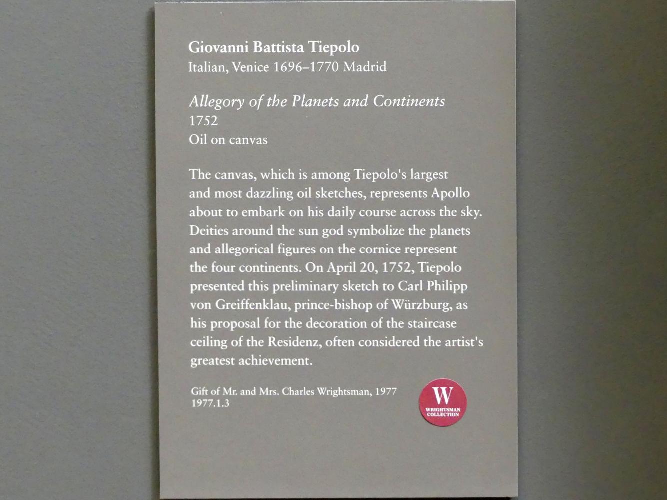 Giovanni Battista Tiepolo (1715–1785), Allegorie der Planeten und Kontinente, Würzburg, ehem. fürstbischöfliche Residenz, jetzt New York, Metropolitan Museum of Art (Met), Saal 633, 1752, Bild 2/2