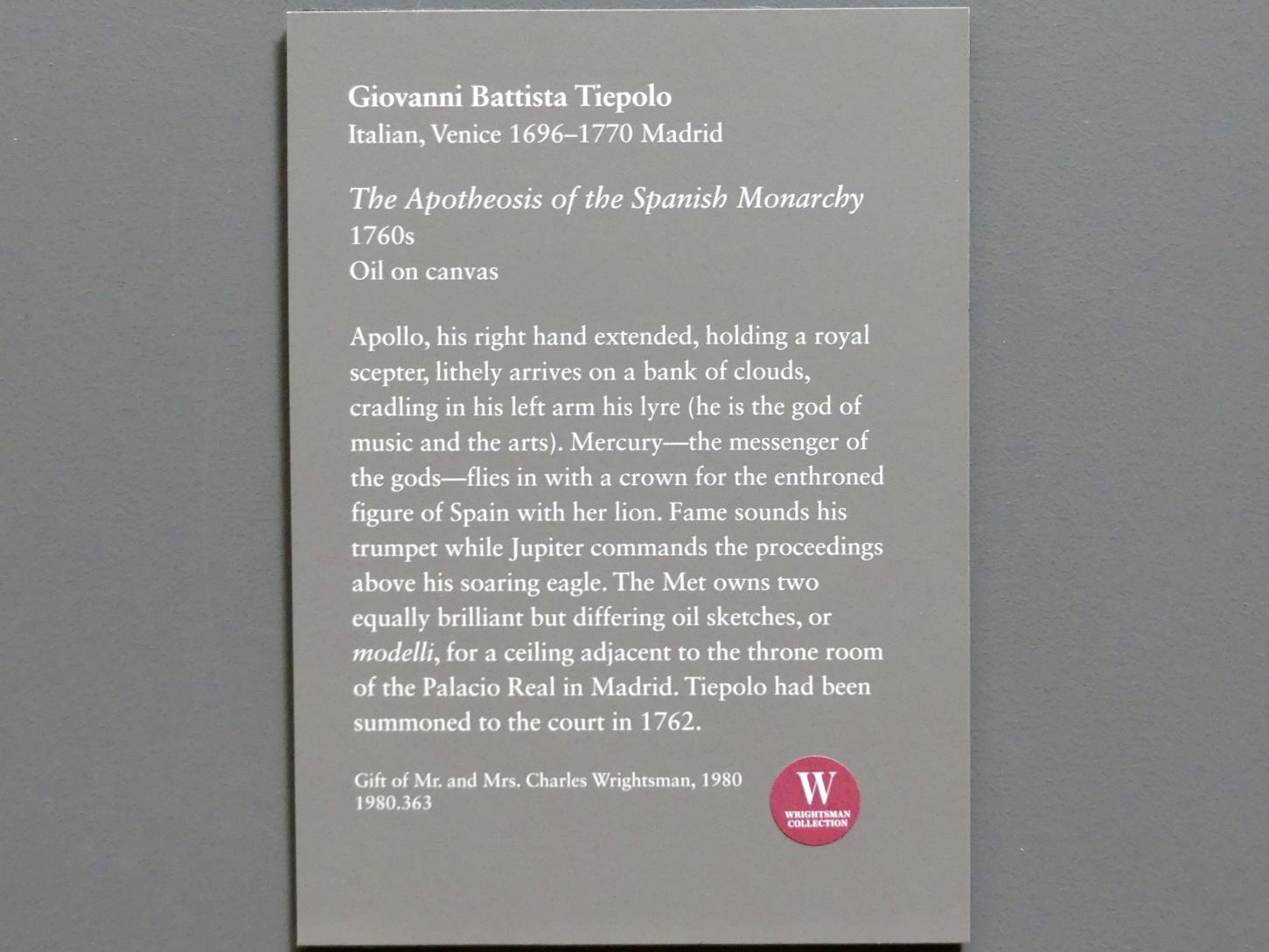 Giovanni Battista Tiepolo (1715–1785), Verherrlichung der spanischen Monarchie, Madrid, Palacio Real, jetzt New York, Metropolitan Museum of Art (Met), Saal 633, um 1760–1770, Bild 2/2
