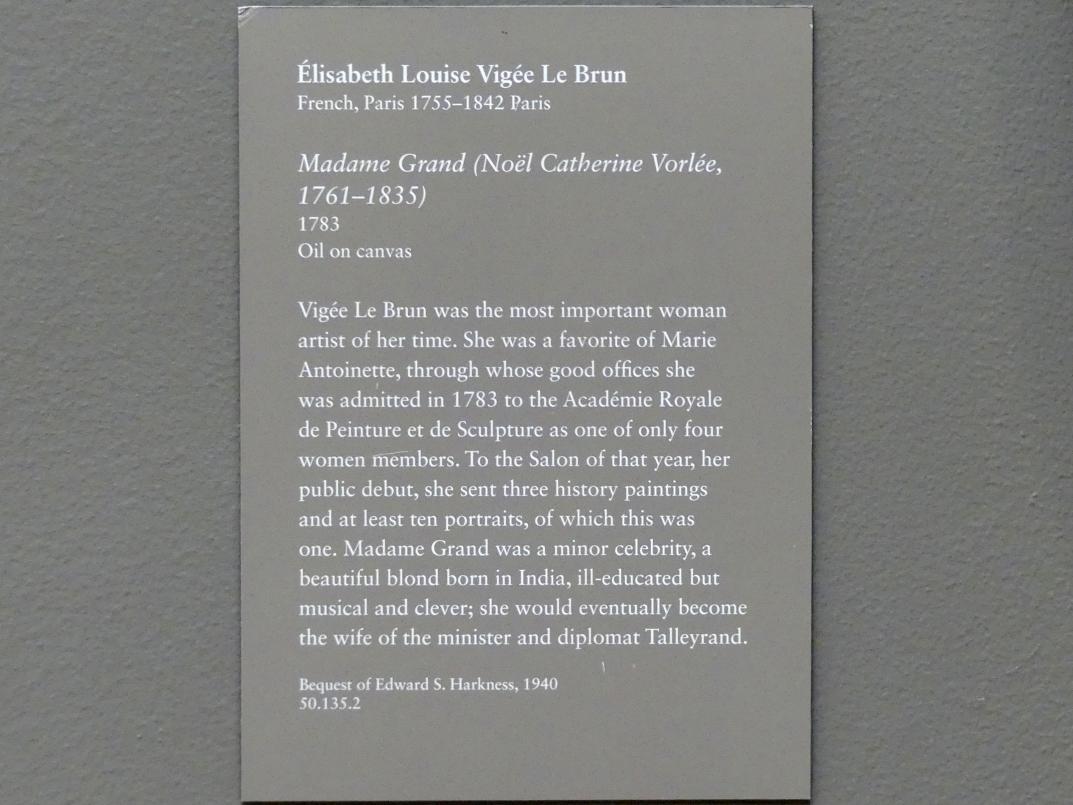 Élisabeth Vigée-Lebrun (1778–1810), Madame Grand (Noël Catherine Vorlée, 1761–1835), New York, Metropolitan Museum of Art (Met), Saal 631, 1783, Bild 2/2