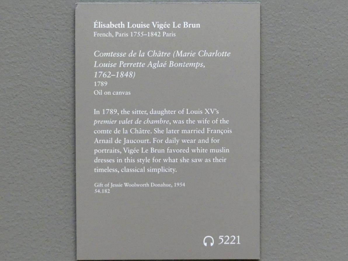Élisabeth Vigée-Lebrun (1778–1810), Comtesse de la Châtre (Marie Charlotte Louise Perrette Aglaé Bontemps, 1762–1848), New York, Metropolitan Museum of Art (Met), Saal 631, 1789, Bild 2/2