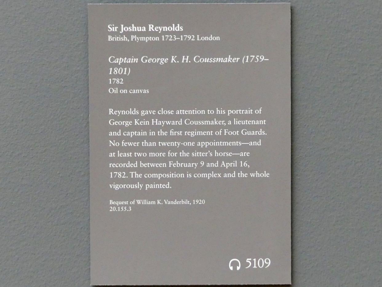 Joshua Reynolds (1754–1789), Porträt des Colonel George K. H. Coussmaker vom Regiment der Garde-Grenadiere (1759-1801), New York, Metropolitan Museum of Art (Met), Saal 629, 1782, Bild 2/2