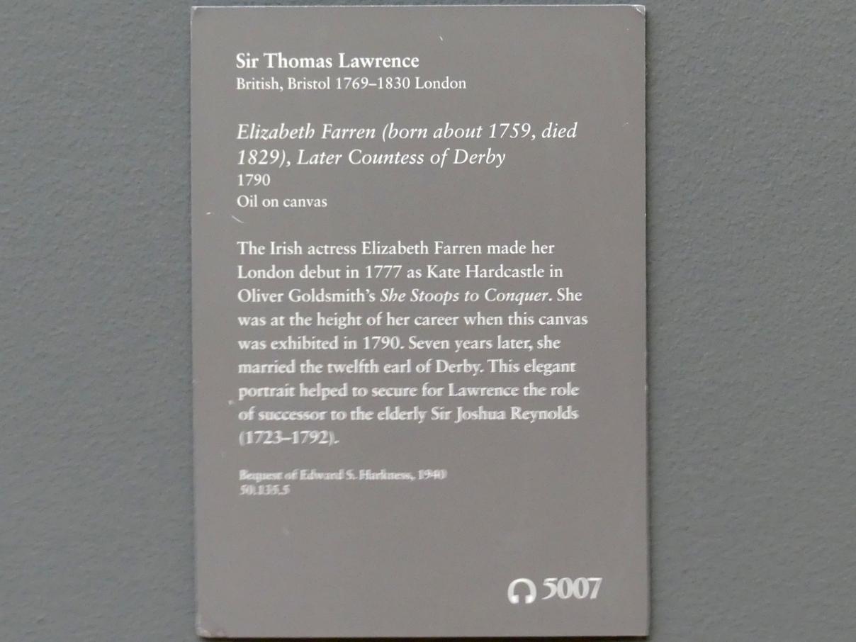 Thomas Lawrence (1789–1825), Elizabeth Farren (1759-1829), spätere Countess of Derby, New York, Metropolitan Museum of Art (Met), Saal 629, 1790, Bild 2/2