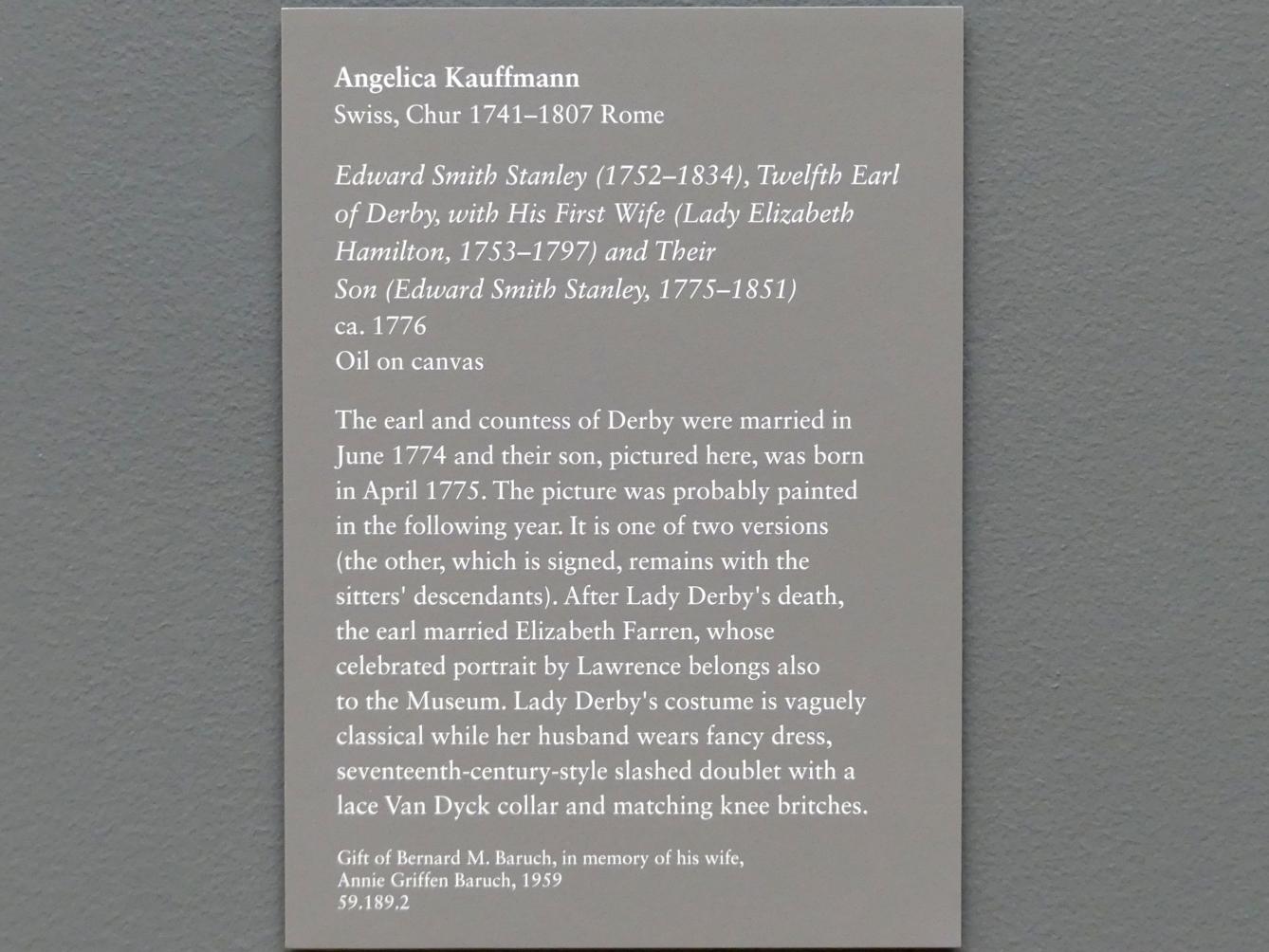 Angelika Kauffmann (1760–1798), Edward Smith Stanley (1752–1834), zwölfter Earl of Derby, mit seiner ersten Frau (Lady Elizabeth Hamilton, 1753–1797) und ihrem Sohn (Edward Smith Stanley, 1775–1851), New York, Metropolitan Museum of Art (Met), Saal 629, um 1776, Bild 2/2