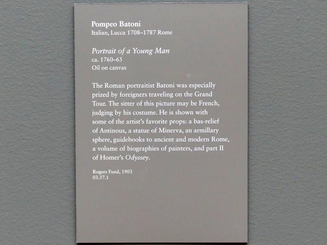 Pompeo Girolamo Batoni (1732–1785), Bildnis eines jungen Mannes, New York, Metropolitan Museum of Art (Met), Saal 629, um 1760–1765, Bild 2/2