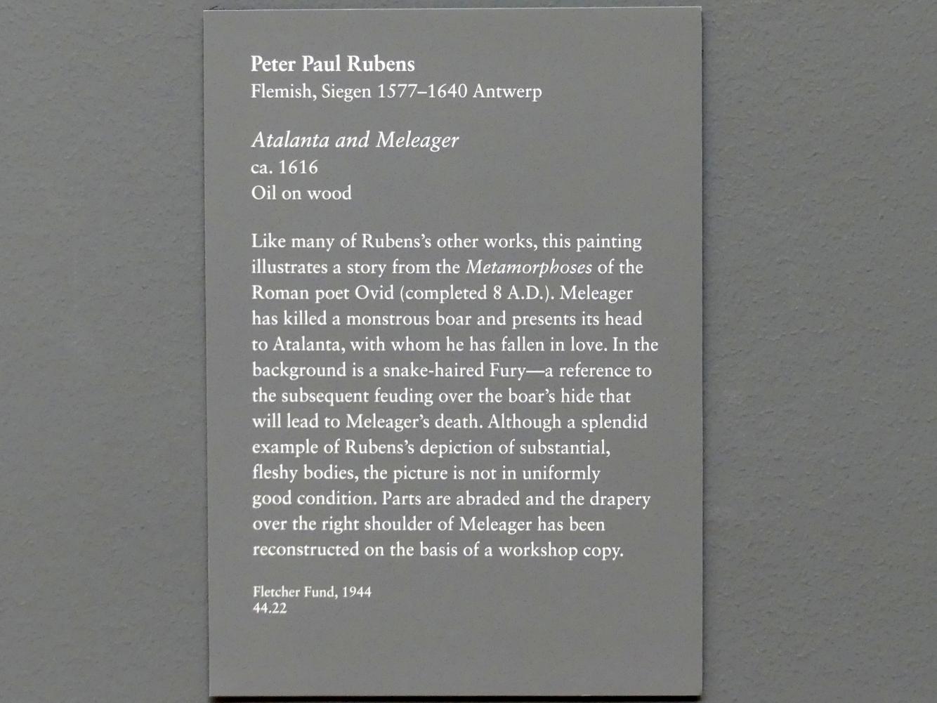 Peter Paul Rubens (1598–1640), Meleager und Atalante, New York, Metropolitan Museum of Art (Met), Saal 628, um 1616, Bild 2/2