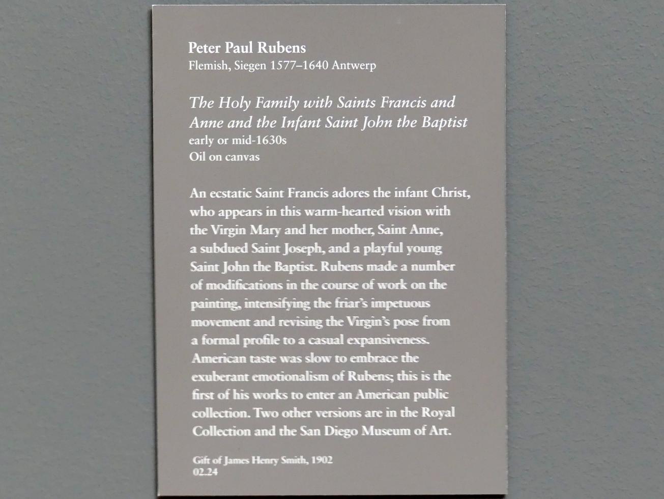 Peter Paul Rubens (1598–1640), Die Heilige Familie mit den hll. Franz von Assisi, Anna und dem Johannesknaben, New York, Metropolitan Museum of Art (Met), Saal 628, um 1630–1635, Bild 2/2