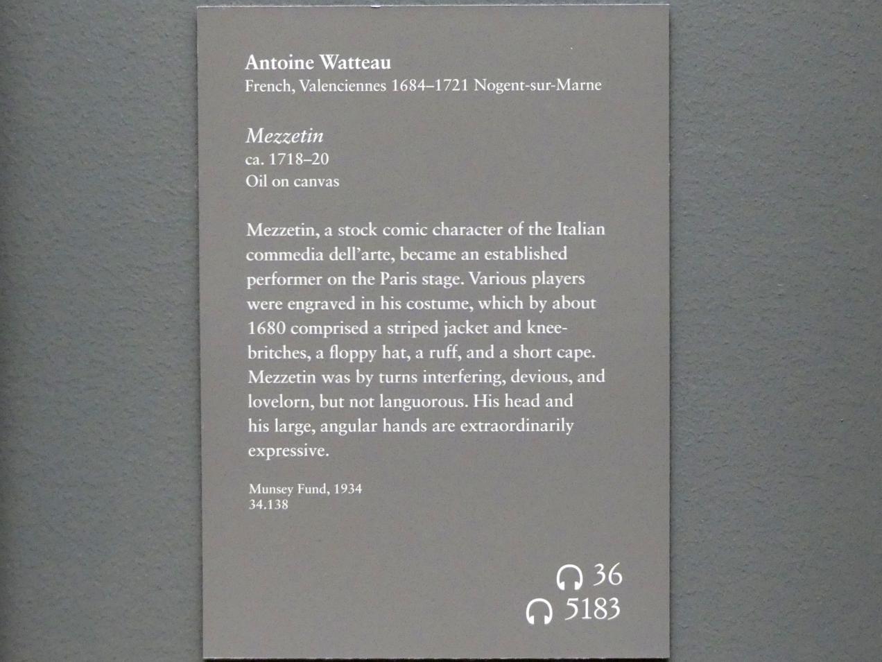 Antoine Watteau (Jean-Antoine Watteau) (1709–1720), Mezzetin, New York, Metropolitan Museum of Art (Met), Saal 630, um 1718–1720, Bild 2/2