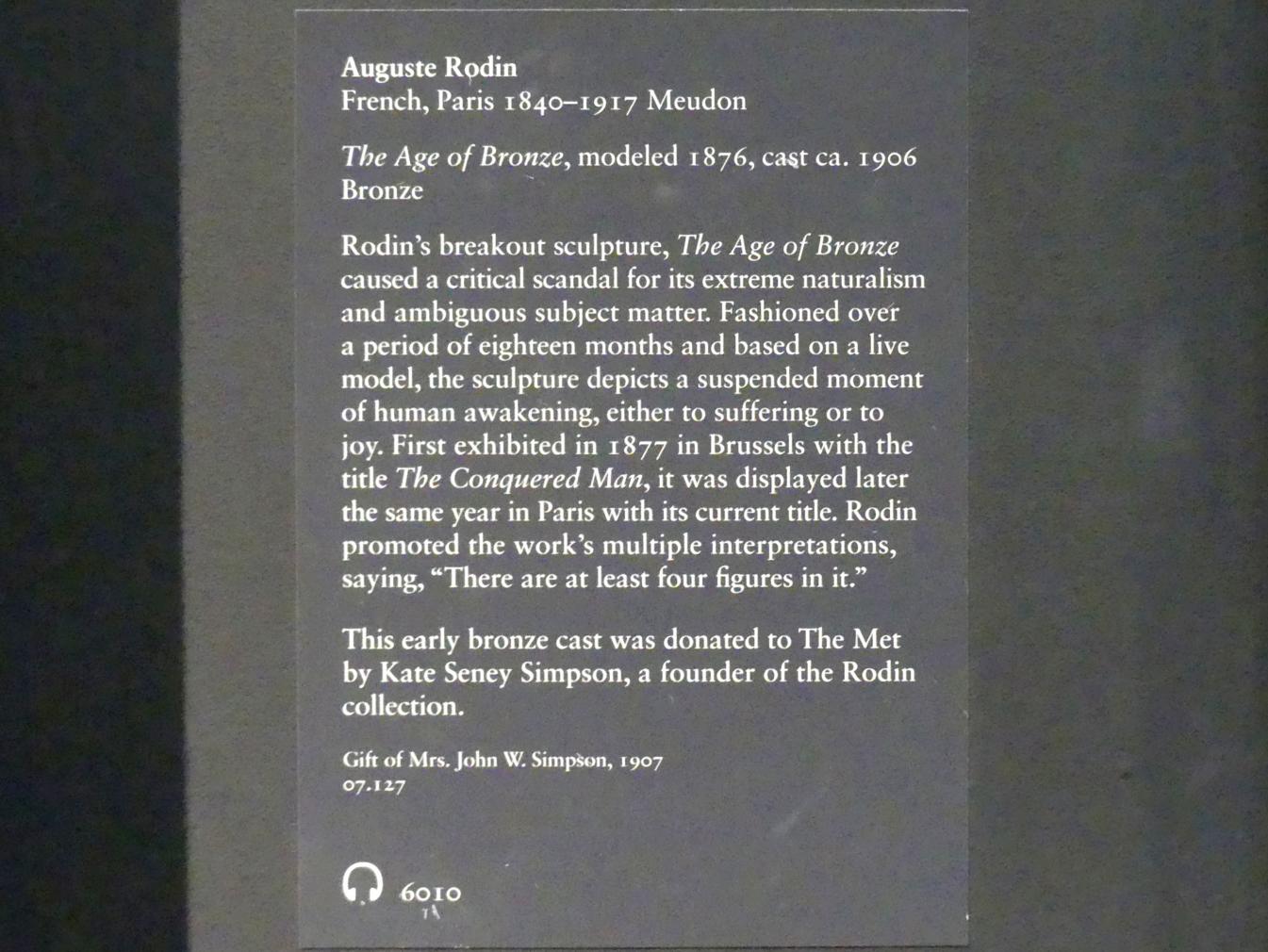 Auguste Rodin (1863–1917), Die Bronzezeit, New York, Metropolitan Museum of Art (Met), Saal 800, 1876, Bild 5/5
