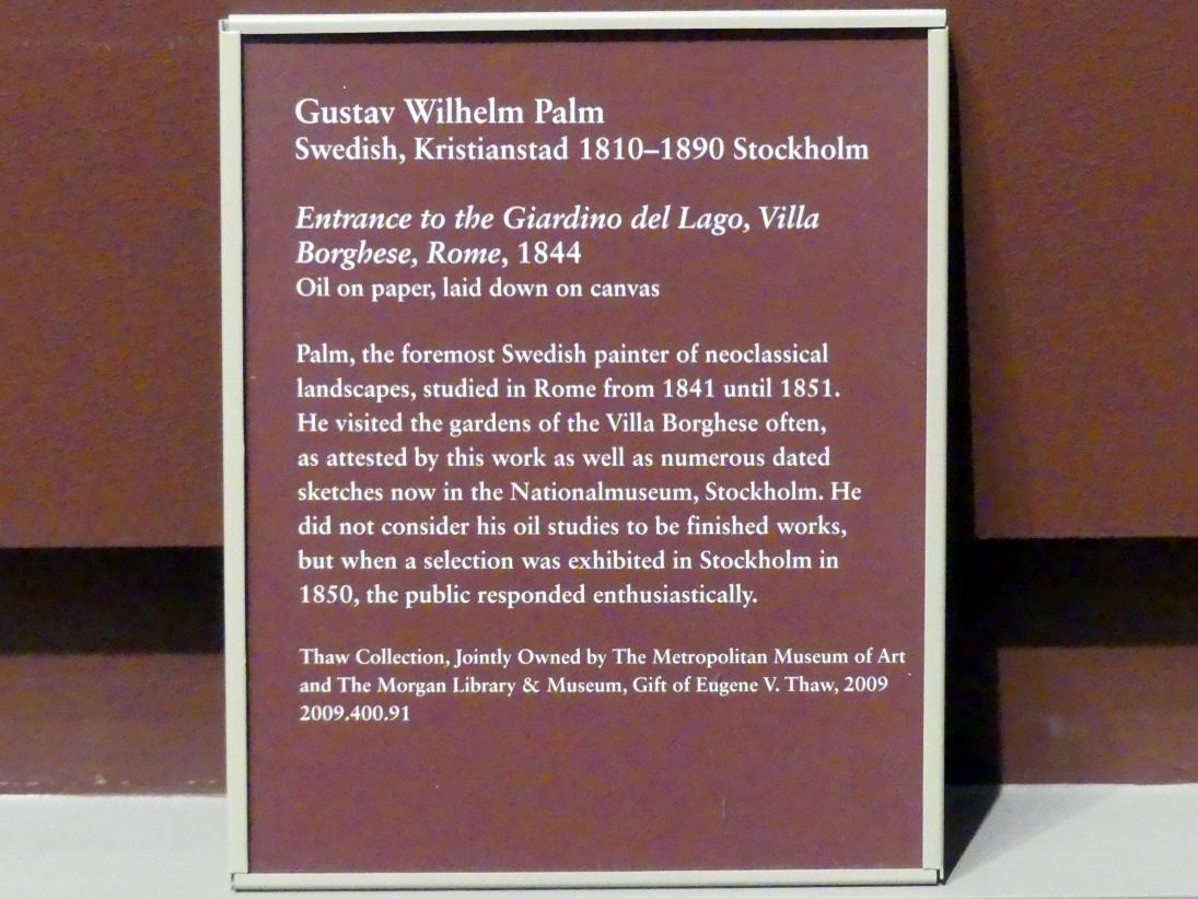 Gustaf Wilhelm Palm (1844), Eingang zum Giardino del Lago, Villa Borghese, Rom, New York, Metropolitan Museum of Art (Met), Saal 806, 1844, Bild 2/2