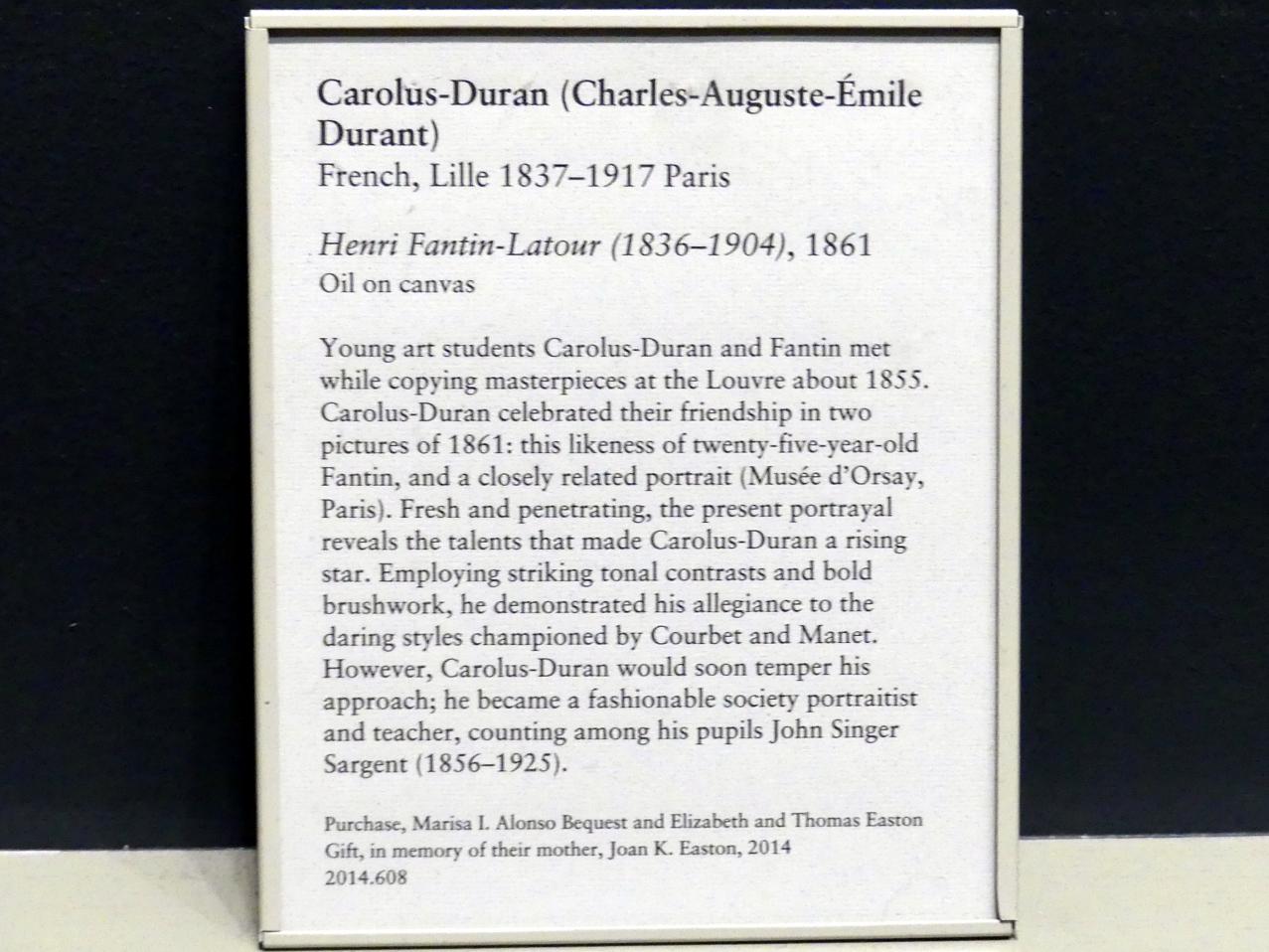 Charles Auguste Émile Durand (Carolus-Duran) (1861), Henri Fantin-Latour (1836-1904), New York, Metropolitan Museum of Art (Met), Saal 809, 1861, Bild 2/2