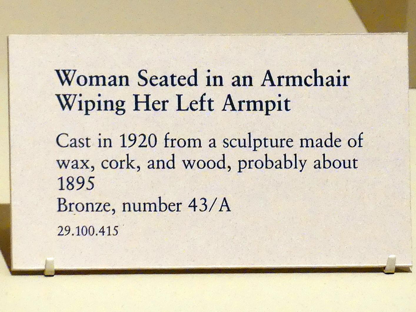 Edgar Degas (1855–1909), Frau in einem Sesel sitzend, ihre linke Achsel wischend, New York, Metropolitan Museum of Art (Met), Saal 814, um 1895, Bild 2/2