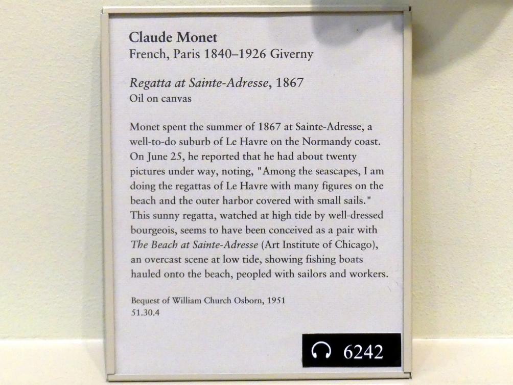 Claude Monet (1864–1925), Regatta bei Sainte-Adresse, New York, Metropolitan Museum of Art (Met), Saal 818, 1867, Bild 2/2