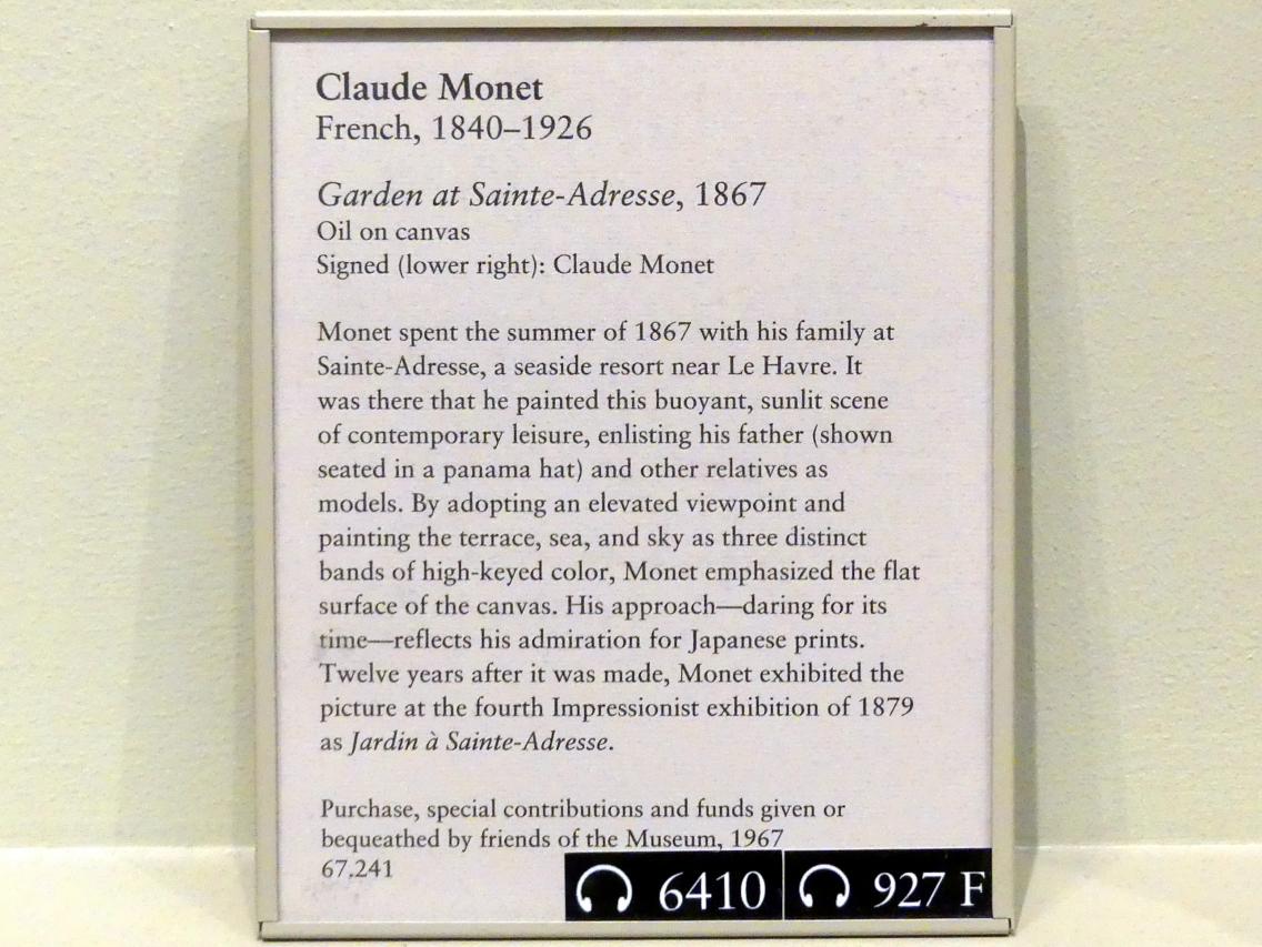 Claude Monet (1864–1925), Garten bei Sainte-Adresse, New York, Metropolitan Museum of Art (Met), Saal 818, 1867, Bild 2/2