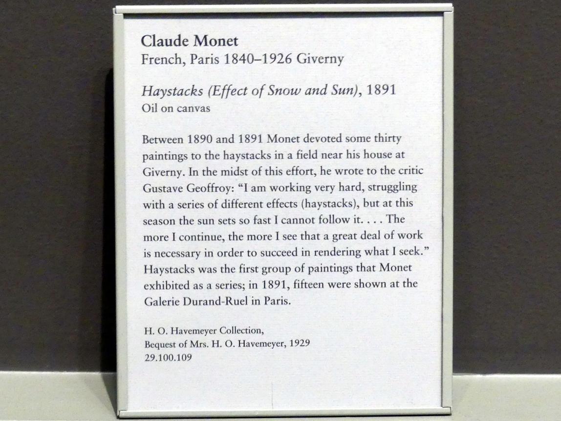 Claude Monet (1864–1925), Heuhaufen (Effekt von Schnee und Sonne), New York, Metropolitan Museum of Art (Met), Saal 819, 1891, Bild 2/2