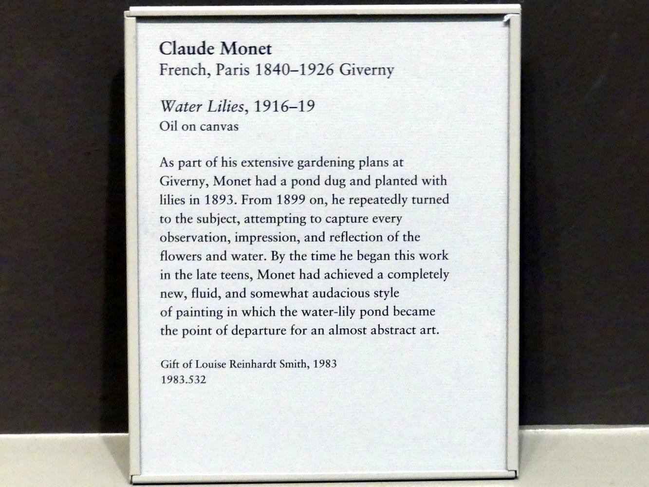 Claude Monet (1864–1925), Seerosen, New York, Metropolitan Museum of Art (Met), Saal 819, 1916–1919, Bild 2/2