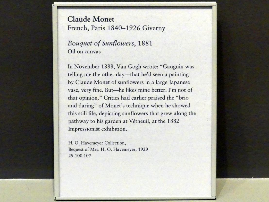 Claude Monet (1864–1925), Sonnenblumenstrauß, New York, Metropolitan Museum of Art (Met), Saal 819, 1881, Bild 2/2