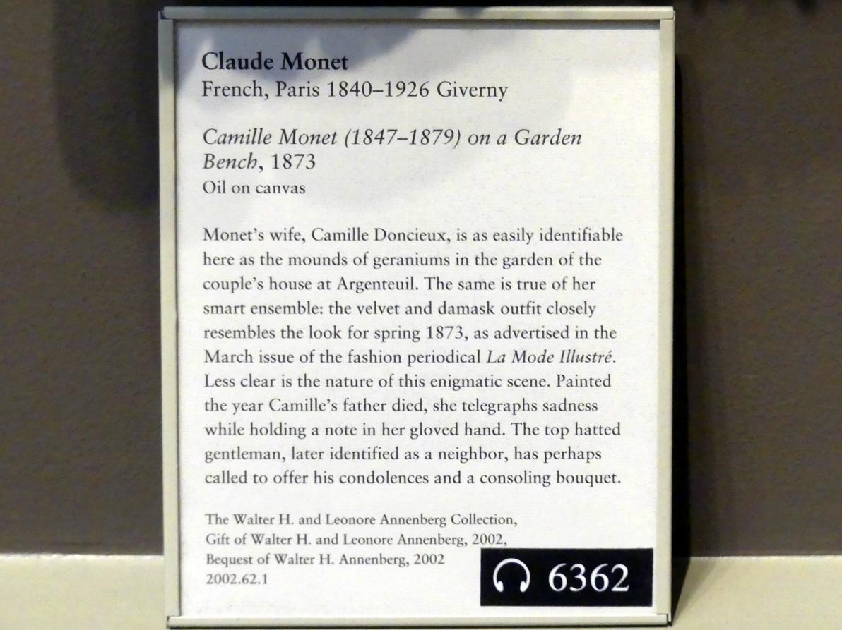 Claude Monet (1864–1925), Camille Monet (1847-1879) auf der Gartenbank, New York, Metropolitan Museum of Art (Met), Saal 821, 1873, Bild 2/2